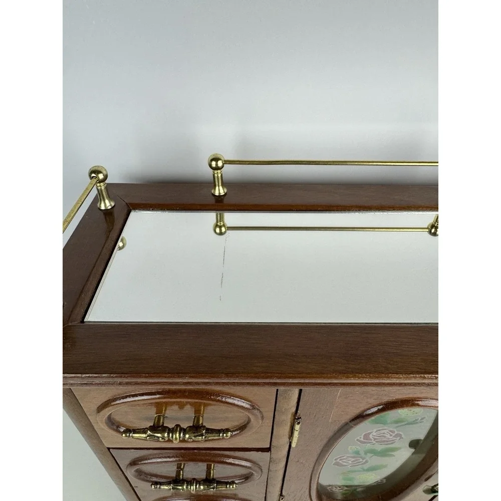 Vintage Jewelry Armoire Wood Cabinet Chest W/ Mirror Glass Door Organizer Floral